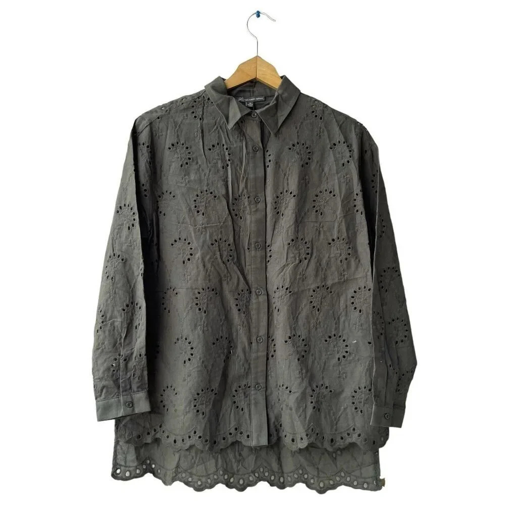 ADRIANNA PAPELL Eyelet Button-Up Shirt Dusty Olive Lace Scalloped Hem Women’s XS
